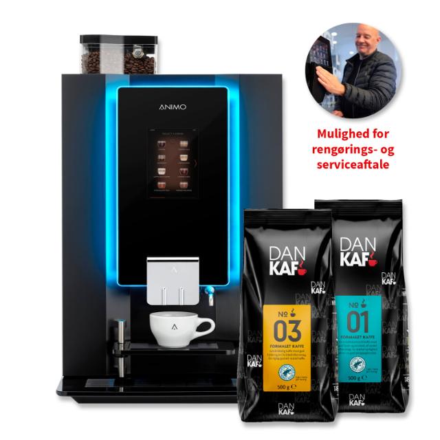 Billede af en kaffemaskine samt to poser DanKaf-kaffe