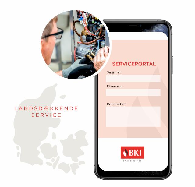 BKI kundeportal på mobil med teknikerservice og teksten ‘Landsdækkende service’