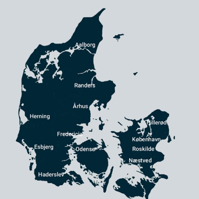 Kort over danmark viser BKI Professionels landsdækkende service
