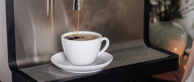kaffe i hvid kop bliver brygget på rengjort kaffemaskine