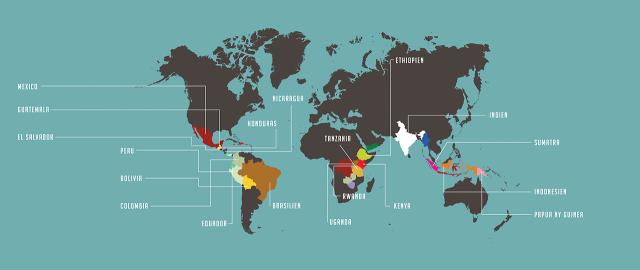 verdenskort viser smagen af kaffe jorden rundt